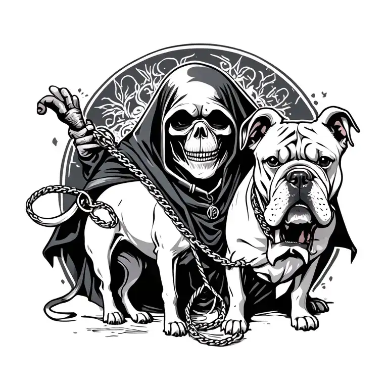 Grim Reaper Holding Leash To White Bulldog
