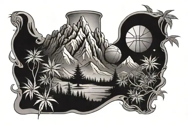A Mountain Landscape With A Basketball Court At The Summit And Marijuana Plants Growing Around It