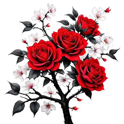 Red Roses Blooming Cherry Blossom Tree Intertwined