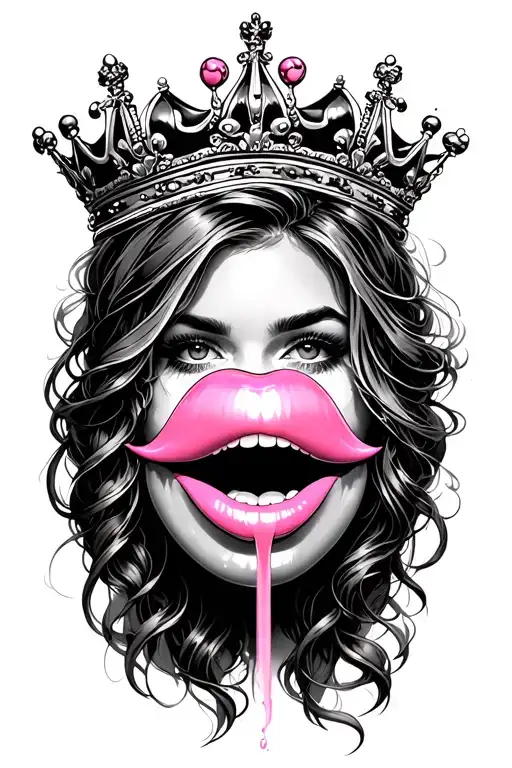 Women's Face Blowing Pink Gum With Crown On Side Of Head