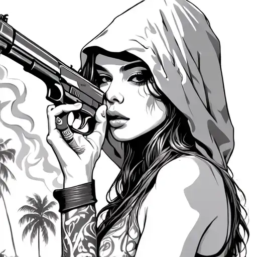 Sexy Girl With Storm Hood And Pistol Smoke Drugs Palm Trees