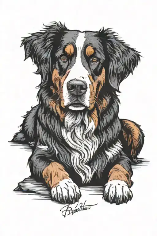 A Outline Drawn Bernese Mountain Dog With Maverick Underneath In Handwriting Font