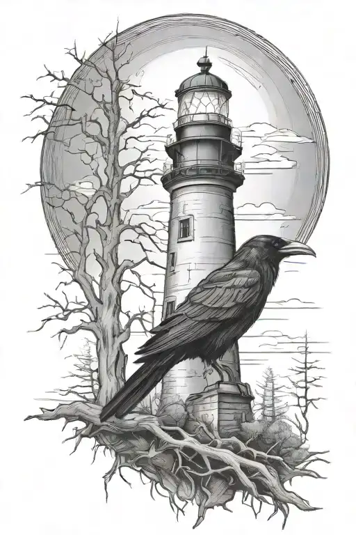 Raven With Spooky Lighthouse In The Desolate Forest