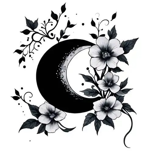 Tendrils With Flowers And Moon Minimalist