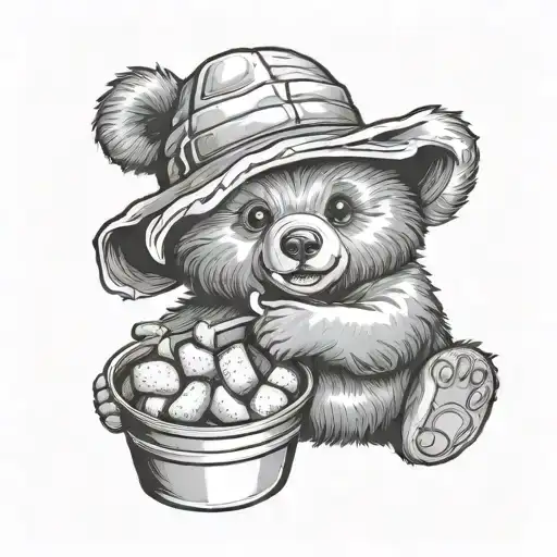 Bear Cub Wearing A Bucket As A Hat And Eating Chicken Nuggets