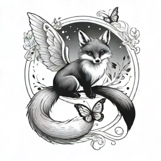 Small Fox With Angel Wings And Butterfly Flying