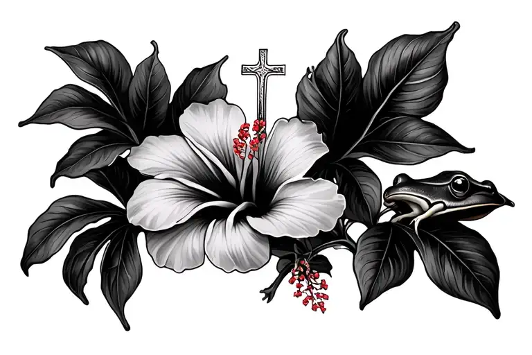 Plumaria Hibiscus Flowers With A Small Frog And Nature Cross