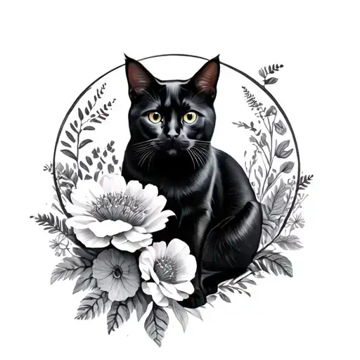 Circle Frame With Standing Black Cat And Detailed Flowers Inside