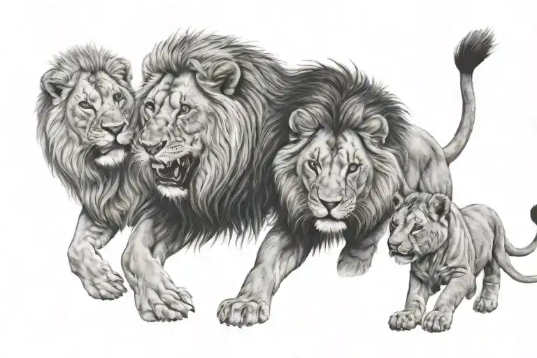Lion Playing With Two Cubs Playing