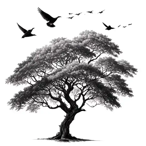 Savanna Tree With Birds Flying Away