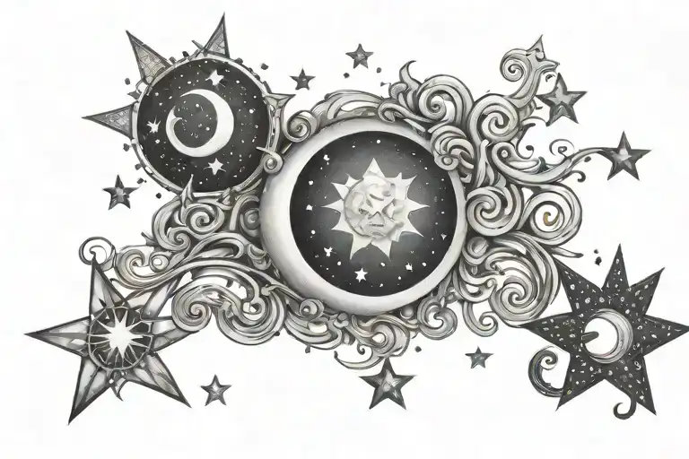 Three Stars With A Moon And The Stardust Swirls