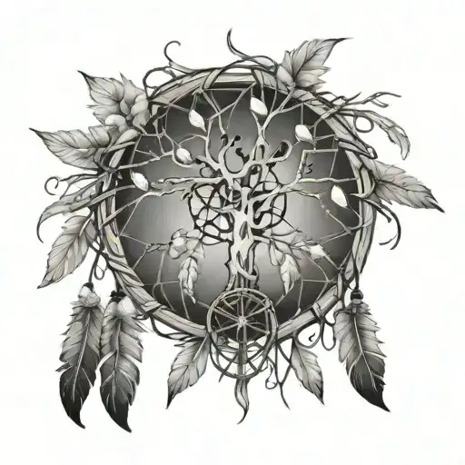Intertwined Tree And Dream Catcher With Feathers