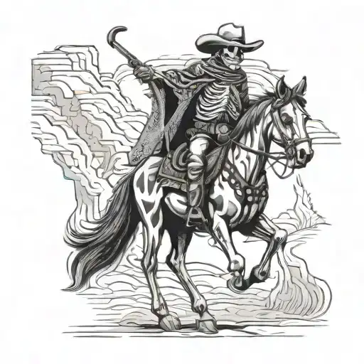A Cowboy Skeleton Wearing A Western Print Poncho Horseback With A Wild West Background