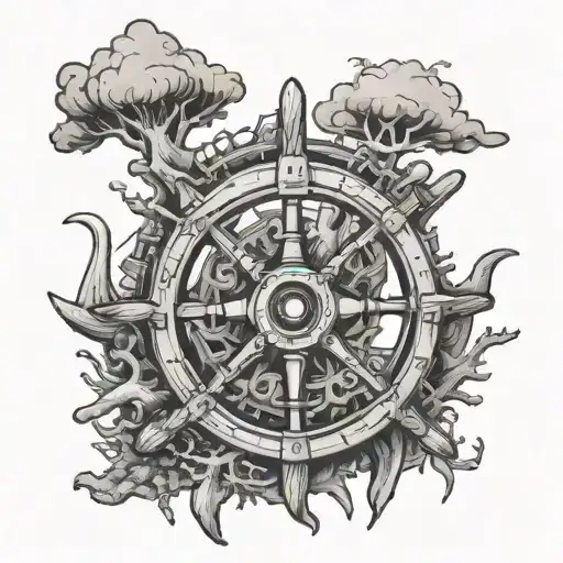 Wooden Pirate Ship Wheel Surrounded By Coral