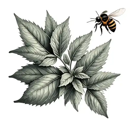 Lemon Balm Leaf And A Bee