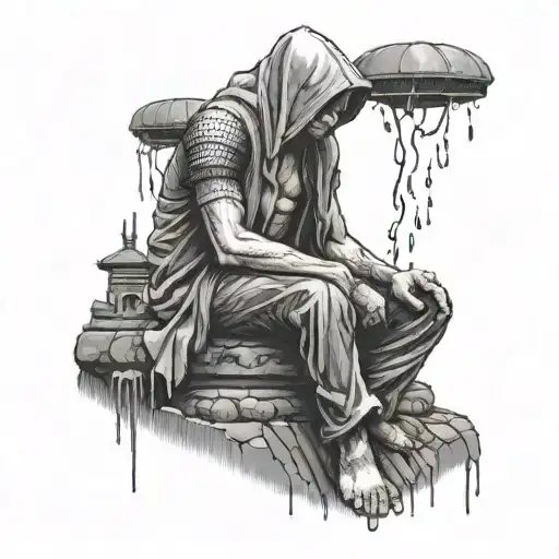 Pain Sitting On The Statue In The Rain Village