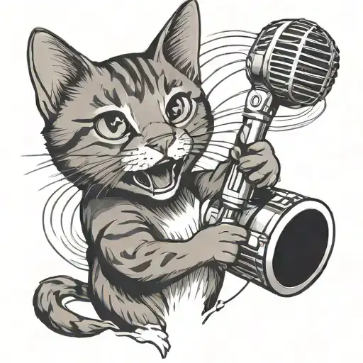 Sleek Black And Grey Tattoo Of A Cat Singing Into A Microphone On A Stage