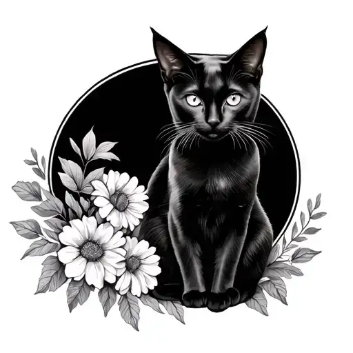 Circle Border With Black Cat Sitting And Detailed Flowers Beside Cat