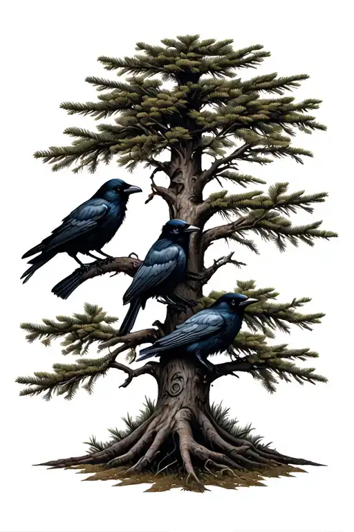 Pine Tree With Ravens Perched