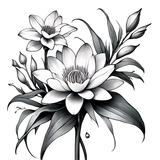 Narcissus Flower Intertwined With Water Lily Flower And Larkspur Flower