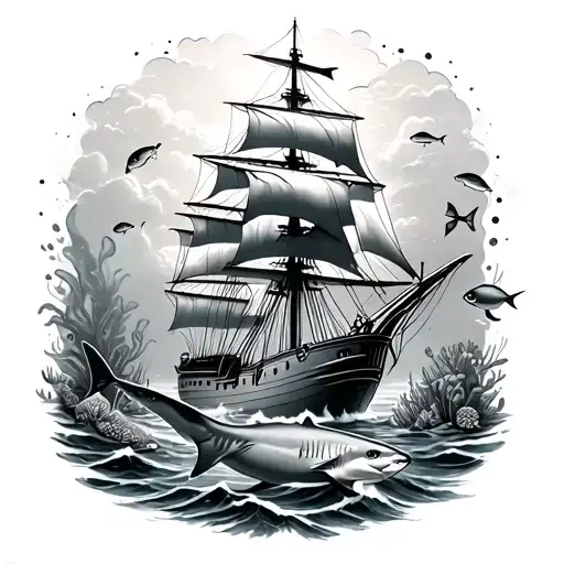 Ocean Theme With A Tall Ship And Underwater Scene With A Tiger Shark And Tropical Reef Fish