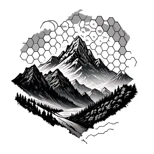 Design A Tattoo That Has A Honeycomb Pattern With A Mountain Landscape Inside Of It
