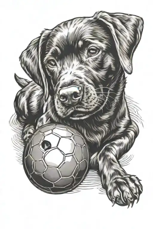 Black Labrador Calf Tattoo Incorporating A Toy Ball