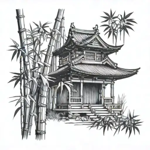 Bamboo Tree Branches And Japanese Temple Collage