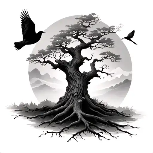 Birds Flying Away From Old Tree