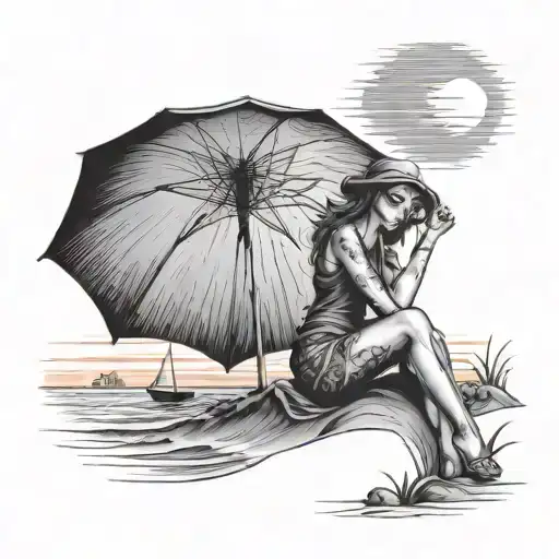 Beach Scene Lady Holding Umbrella To The Sun Setting