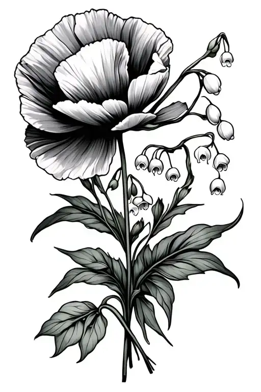 Poppy And Lilly Of The Valley In A Bouquet Fine Line