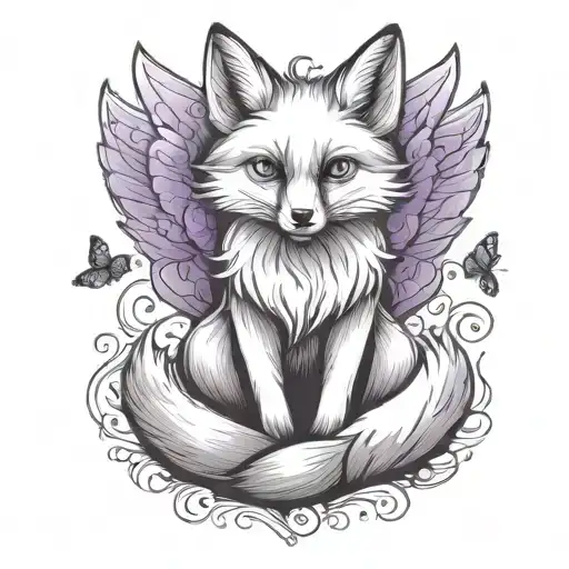 Small Fox Sitting With Angel Wings Wrapped Evenly With Purple Butterfly