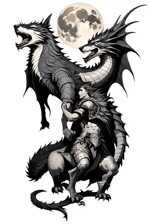 Dragon And Gladiator With Wolf Howling At The Moon