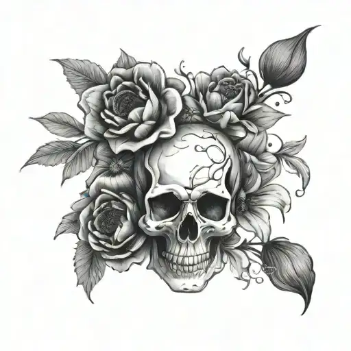 Skull And Aster And Poppy Flowers