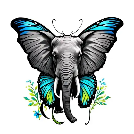 Elephant And Butterfly With Blue And Green Ribbons In Body Of Butterfly