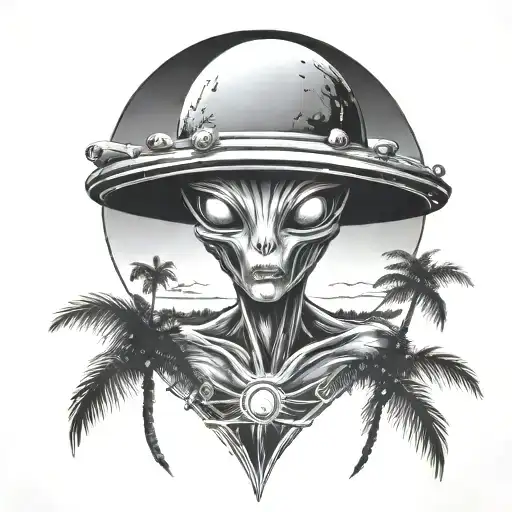 Alien With A Women In The Ufo At The Orange Sunset And Palm Trees