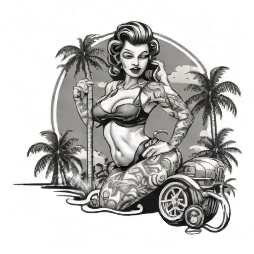 Pin Up In Bikini With 2 Palmtrees Realisim Style Black And Grey With Tattoos On Thighs