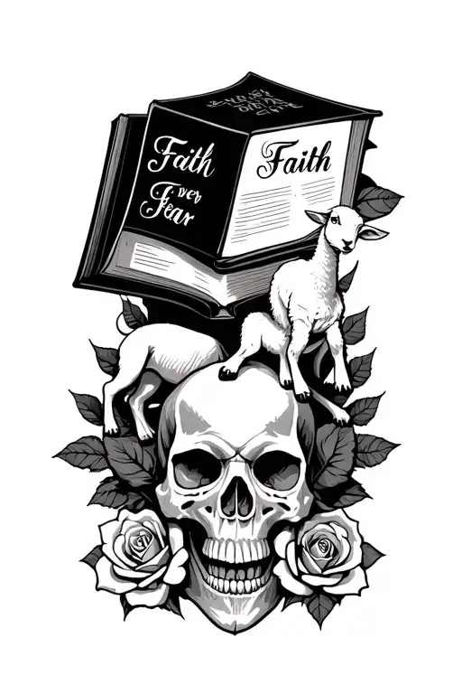 Roses Surrounding A Bible And A Lamb Stepping On A Skull That Says Faith Over Fear