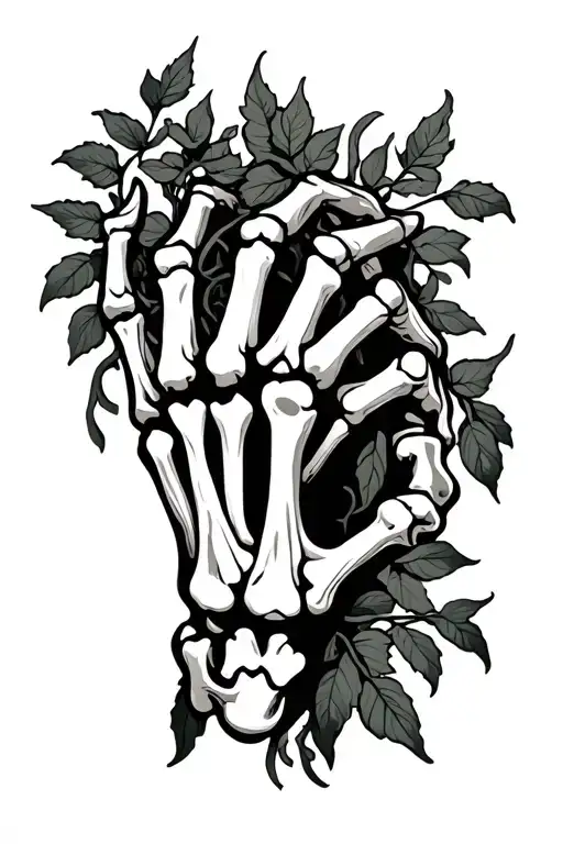 Skeleton Hand With Vines Intertwined Within Fingers