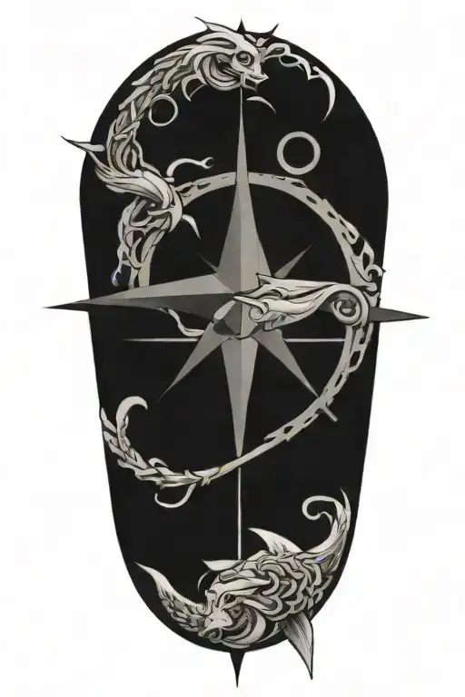 A Pisces Zodiac Symbol Intertwined With A Compass Rose Representing Direction And Strength