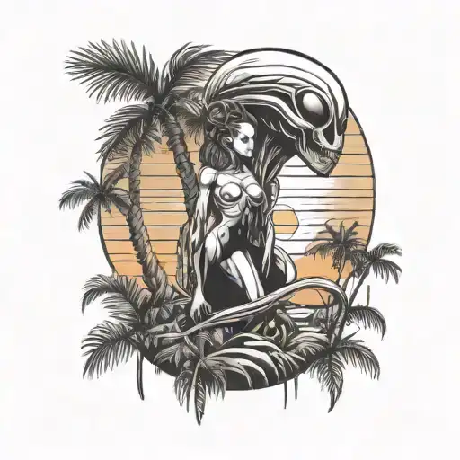 Alien With A Women At The Orange Sunset And Palm Trees