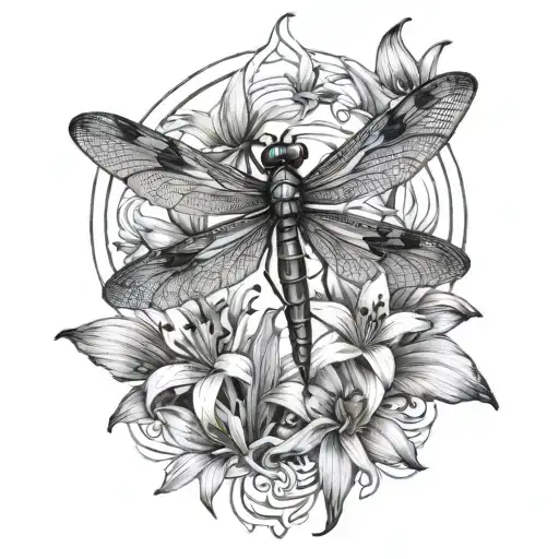 Dragonfly Surrounded By Lilies Intertwined