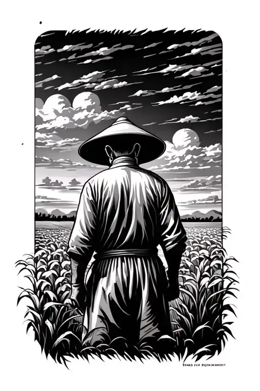 Old Chinese Farmer In A Field Facing Away