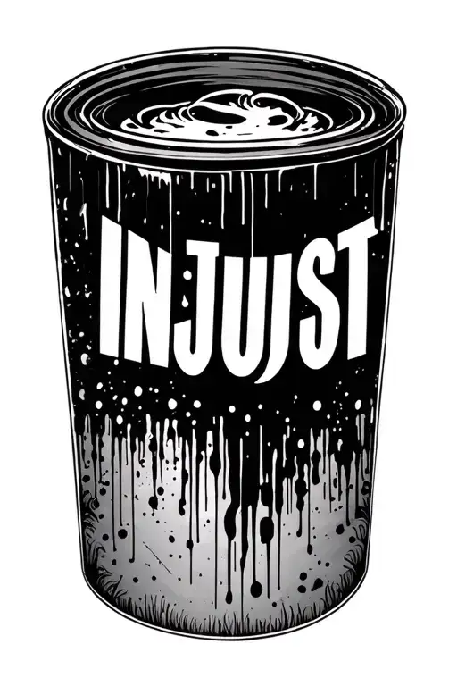 Suggest Blackwork Trash Polka Tattoo On A Man's Forearm With The Word Injust