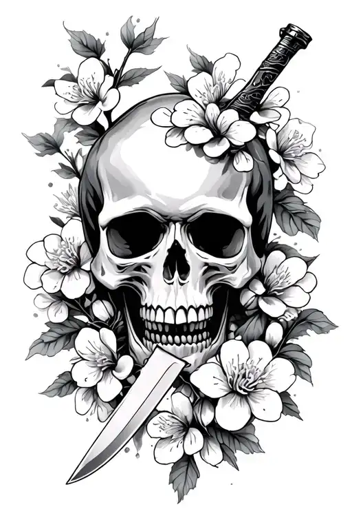 Skull With Knife Going Through And Cherry Blossoms