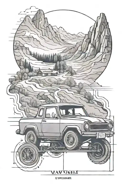 An Architectural Blueprint Of A Car Driving Through Mountains And Beaches