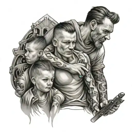 Tattoo Of A Dad With His Son And Daughter With Details Of Games