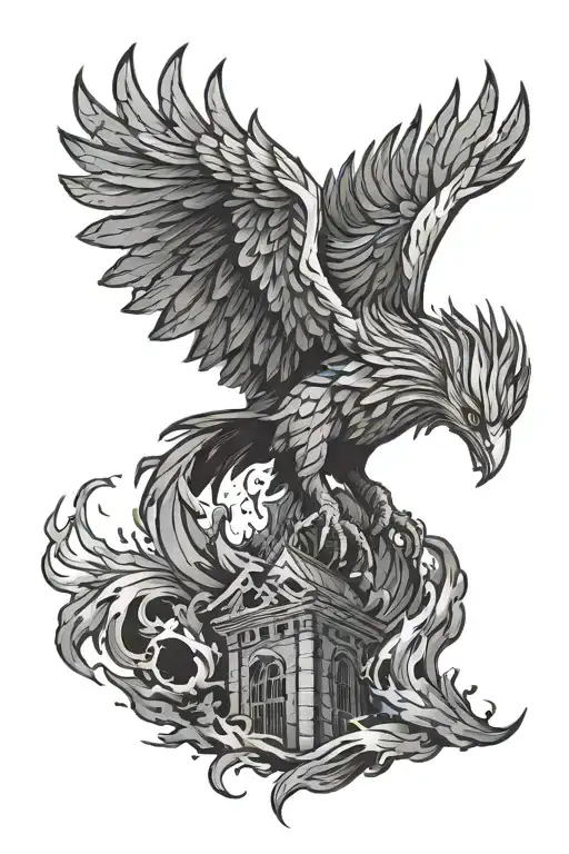 Phoenix In Color Rising From The Ashes And Destruction Of A Tower In Black And Gray
