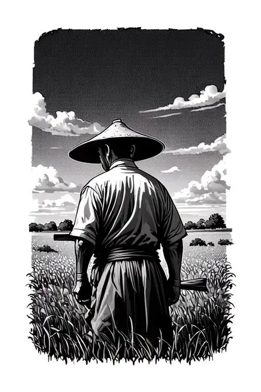 Old Chinese Farmer In A Field Facing Away