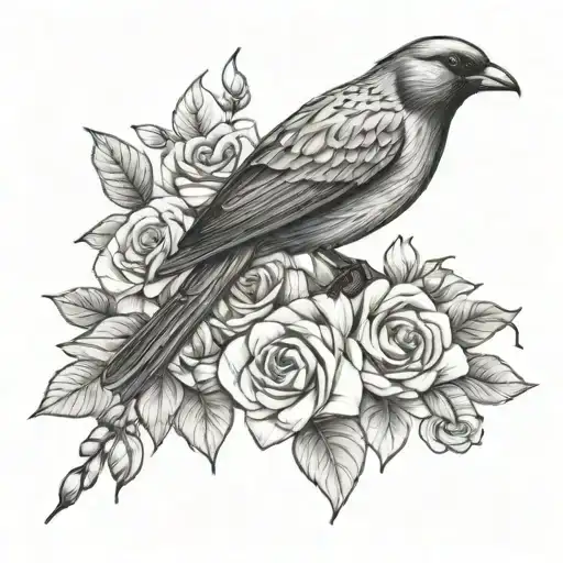 Flowers And Bird Sitting